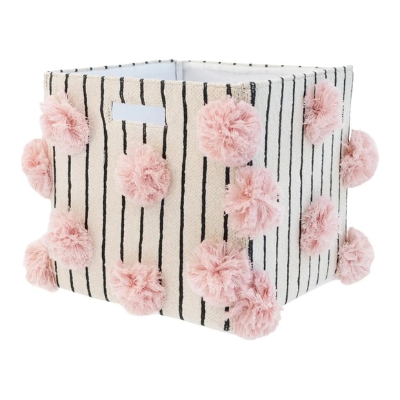 Nico & Yeye Organic Cotton Striped Pom Pom Storage Bin, Pink - Picture 1 of 3